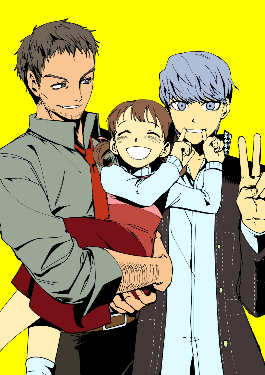 1girl 2boys absurdres arm_hair babakun brown_eyes brown_hair child closed_eyes doujima_nanako doujima_ryoutarou dress facial_hair father_and_daughter forced_smile grey_eyes grey_hair grey_shirt highres jacket looking_at_another looking_at_viewer multiple_boys narukami_yu necktie open_mouth persona persona_4 red_necktie school_uniform shirt short_hair short_twintails smile stubble sweater turtleneck turtleneck_sweater twintails v yasogami_school_uniform yellow_background