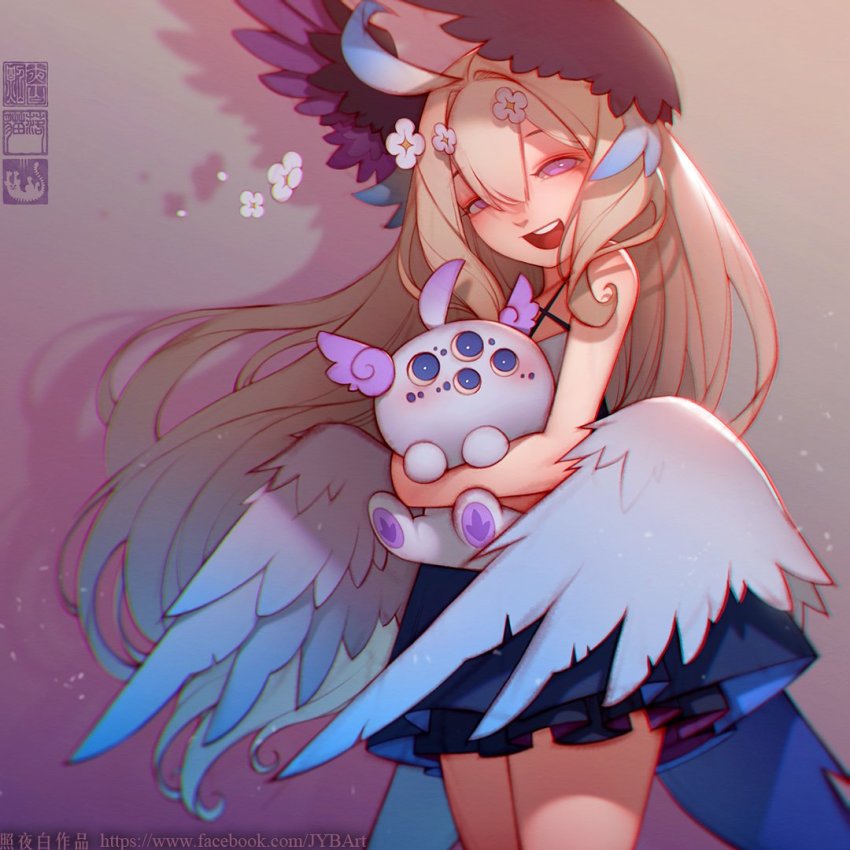 1girl :d ahoge aloupeep_(enna_alouette) alternate_hairstyle blonde_hair blue_dress blue_hair blue_wings chinese_commentary commentary_request creature dress enna_alouette extra_eyes feathered_wings flower gradient_hair gradient_wings hair_flower hair_ornament head_wings holding holding_creature long_hair looking_at_viewer low_wings multicolored_dress multicolored_hair multicolored_wings nijisanji nijisanji_en open_mouth purple_dress purple_eyes purple_wings round_teeth sleeveless smile standing teeth virtual_youtuber watermark web_address white_dress white_flower white_wings wings zhaoyebai