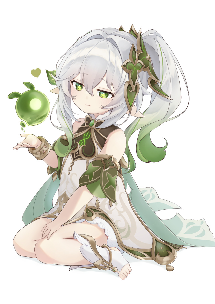 1girl absurdres bare_shoulders bracelet cape closed_mouth commentary_request detached_sleeves dress full_body genshin_impact gold_trim gradient_hair green_cape green_eyes green_hair green_sleeves hair_between_eyes hair_ornament hand_up heart highres iroha_(mimi0618xx) jewelry leaf_hair_ornament long_hair multicolored_hair nahida_(genshin_impact) partial_commentary pointy_ears seelie_(genshin_impact) side_ponytail simple_background sitting sleeveless sleeveless_dress smile solo star-shaped_pupils star_(symbol) stirrup_legwear symbol-shaped_pupils toeless_legwear toes white_background white_hair whtie_dress