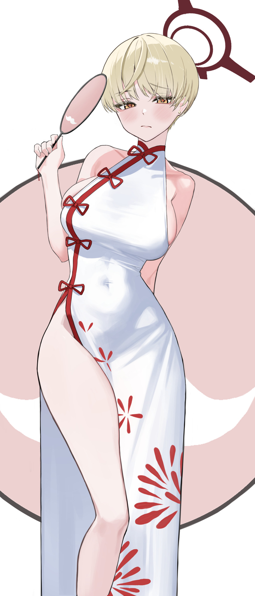 1girl absurdres blonde_hair blue_archive breasts cbwook china_dress chinese_clothes closed_mouth commentary_request dress halo highres large_breasts looking_at_viewer marina_(blue_archive) red_halo short_hair solo thighs white_dress yellow_eyes