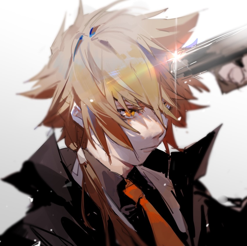 1boy black_gloves black_jacket black_shirt bokyo brown_hair closed_mouth coat collared_shirt fingerless_gloves formal_clothes gloves gun hair_between_eyes handgun highres holding holding_gun holding_weapon jacket katekyo_hitman_reborn! long_hair low_ponytail male_focus necktie orange_eyes orange_necktie ponytail sawada_tsunayoshi shirt simple_background solo suit upper_body weapon white_background