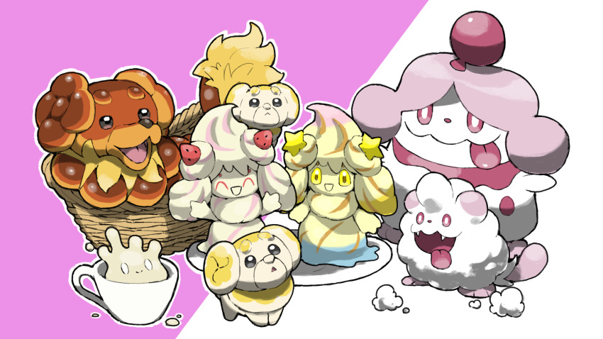 :3 :d alcremie alcremie_(rainbow_swirl) alcremie_(star_sweet) alcremie_(strawberry_sweet) alcremie_(vanilla_cream) arms_up basket blacknirrow closed_eyes closed_mouth commentary cup dachsbun dog english_commentary evolutionary_line fangs fidough food fruit gen_6_pokemon gen_8_pokemon highres in_basket in_container in_cup milcery nintendo no_humans open_mouth outline pink_eyes pokemon pokemon_(creature) simple_background slurpuff smile standing star_(symbol) strawberry swirlix teacup tongue tongue_out trait_connection two-tone_background white_outline wicker_basket yellow_eyes