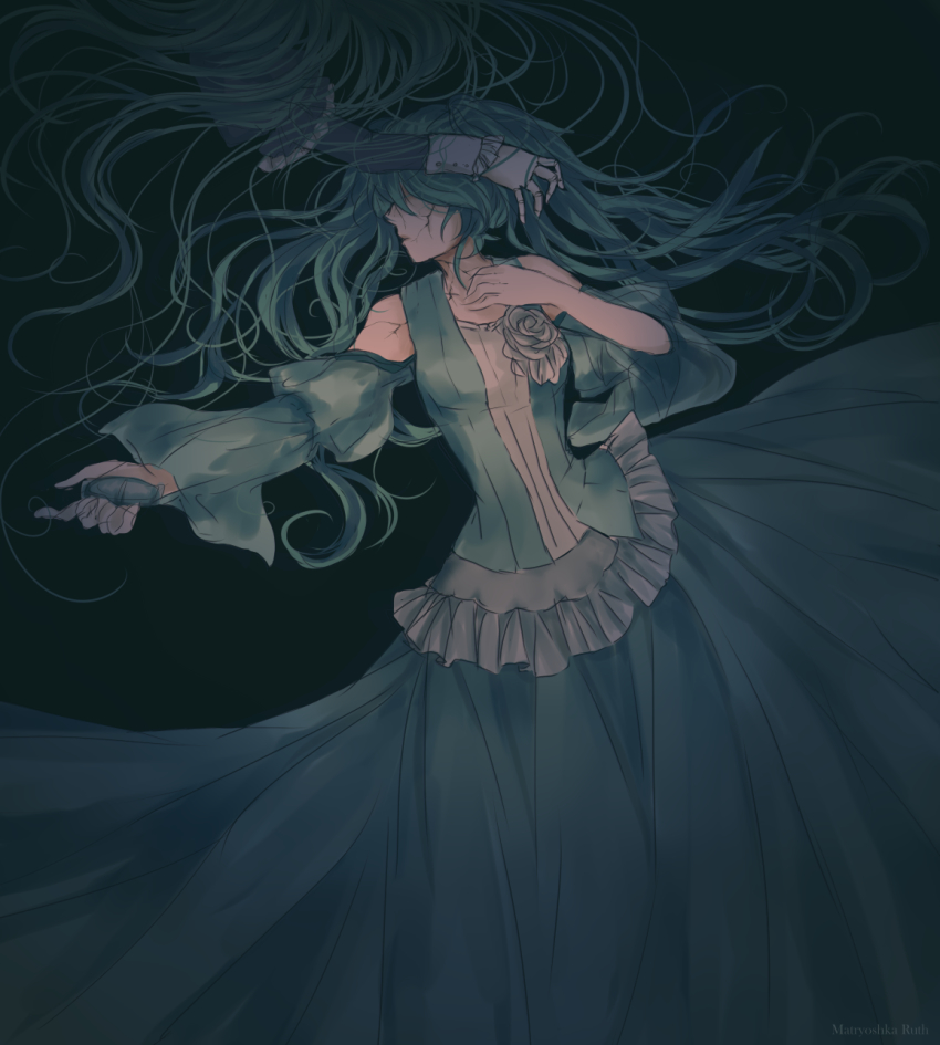 2girls aqua_dress aqua_hair bare_shoulders blue_dress clockworker&#039;s_doll cracked_skin doll_joints dress dual_persona evillious_nendaiki faceless flower frilled_dress frilled_sleeves frills hair_over_eyes hand_on_another&#039;s_head hatsune_miku highres houtei_no_nushi joints long_hair lying margarita_blankenheim matryoshka-ruth messy_hair multiple_girls nemurase_hime_kara_no_okurimono_(vocaloid) on_back solo_focus twintails very_long_hair vocaloid