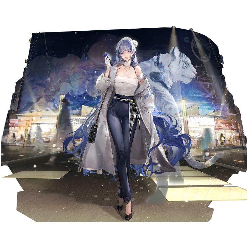 1girl artist_request black_pants blue_eyes blue_hair breasts cellphone check_artist city_lights cleavage coat crosswalk detached_collar full_body game_cg girls&#039;_frontline girls&#039;_frontline_neural_cloud gloves highres holding holding_phone hubble_(lovely_star-dusted_night)_(neural_cloud) hubble_(neural_cloud) lion looking_at_viewer night night_sky off-shoulder_shirt off_shoulder official_alternate_costume official_art open_clothes open_coat pants phone porafree ribbed_shirt road shirt sky smartphone solo star_(sky) starry_sky street third-party_source white_coat white_gloves white_lion