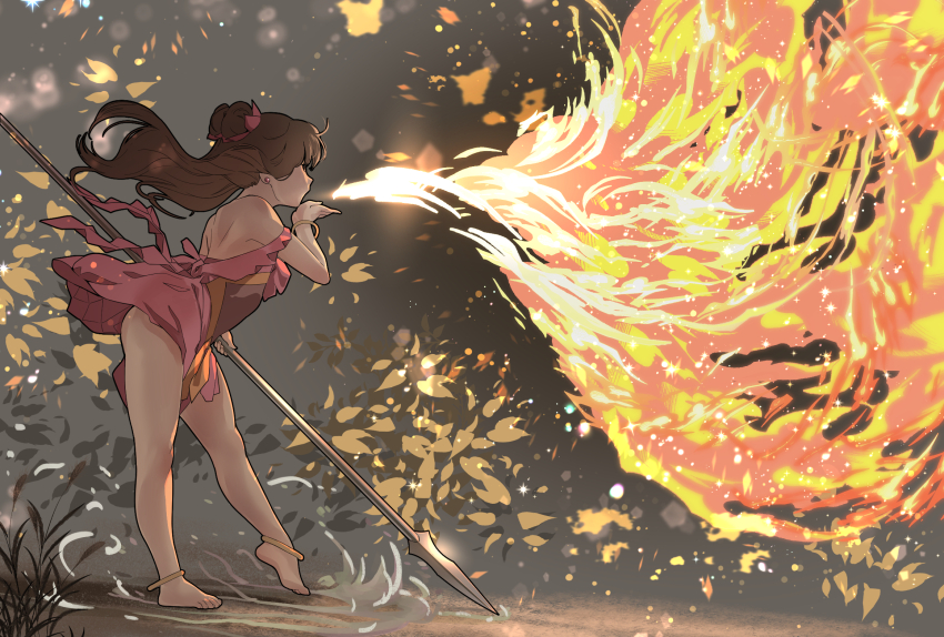 1boy anklet bare_arms bare_back bare_legs bare_shoulders barefoot black_hair bracelet chi_lian_(yewang19) chinese_clothes dress dudou earrings feet fire fire_breathing frilled_dress frills hair_horns highres jewelry long_hair no_panties open_mouth original pink_dress polearm qiang_(weapon) red_dress ring spear trap weapon wuxia yewang19