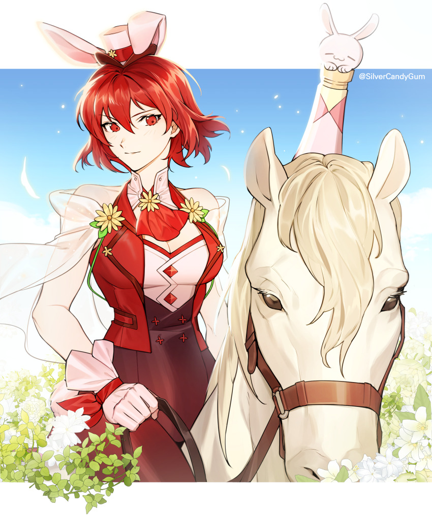 1girl absurdres animal animal_ears brown_pantyhose closed_mouth commentary commission english_commentary fake_animal_ears fire_emblem fire_emblem:_mystery_of_the_emblem fire_emblem_heroes gloves hair_between_eyes hat highres horse horseback_riding jacket leotard looking_at_viewer minerva_(fire_emblem) minerva_(spring)_(fire_emblem) mini_hat mini_top_hat nintendo official_alternate_costume pantyhose pixiv_commission playboy_bunny rabbit_ears red_eyes red_hair red_jacket riding see-through_clothes short_hair silvercandy_gum sitting sleeveless sleeveless_jacket top_hat twitter_username white_gloves white_headwear white_horse