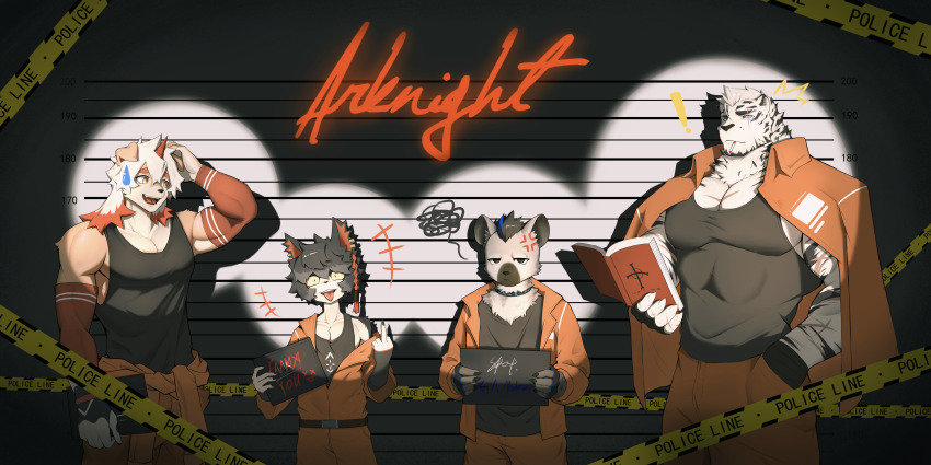 ! +++ 4boys aak_(arknights) absurdres anger_vein animal_ears arknights arm_up bara biceps black_hair book braid caution_tape character_name chongxi7 cigarette claws closed_mouth collarbone colored_tips copyright_name english_text eyebrow_piercing fingerless_gloves furry furry_male gloves grey_fur hand_in_pocket hand_on_own_head height_difference highres holding holding_book horns hung_(arknights) hyena_boy hyena_ears infection_monitor_(arknights) komainu_boy komainu_ears lineup looking_at_viewer looking_to_the_side male_focus mountain_(arknights) multicolored_hair multiple_boys multiple_scars muscular muscular_male notice_lines open_mouth pectoral_cleavage pectorals piercing prison_clothes reading scar scar_across_eye scar_on_arm scar_on_face security_shutter single_horn smile smoking spot_(arknights) spotlight squiggle streaked_hair sweatdrop tiger tiger_boy tiger_ears tiger_stripes tongue tongue_out white_fur white_hair white_tiger