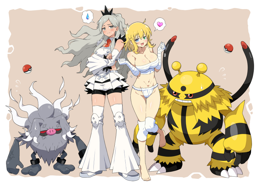 1girl :3 :d absurdres ahoge anger_vein annihilape armpit_crease bandaged_arm bandaged_hand bandaged_wrist bandages bare_shoulders barefoot bike_shorts bike_shorts_under_shorts black_eyes blonde_hair blue_eyes blush body_blush breasts brown_background budget_sarashi buttons cleavage closed_mouth clothing_cutout collarbone colored_sclera commission crossed_arms crossover crown detached_sleeves double-breasted eggman_(ni_tamagoex) electivire eri_(pokemon) flying_sweatdrops fundoshi gen_4_pokemon green_eyes grey_eyes grey_fur grey_hair groin heart heterochromia highres japanese_clothes knee_guards knee_pads large_breasts linea_alba long_hair looking_at_viewer medium_breasts multiple_girls navel necktie nintendo open_mouth pig_nose poke_ball pokemon pokemon_(creature) pokemon_sv red_eyes red_sclera revealing_clothes ryouna_(senran_kagura) sarashi senran_kagura senran_kagura_shinovi_versus shiny_skin short_hair shorts side_cutout simple_background skeb_commission smile spoken_heart spoken_sweatdrop standing standing_on_one_leg sweatdrop team_star teeth thigh_gap thighhighs wavy_hair white_sleeves white_thighhighs