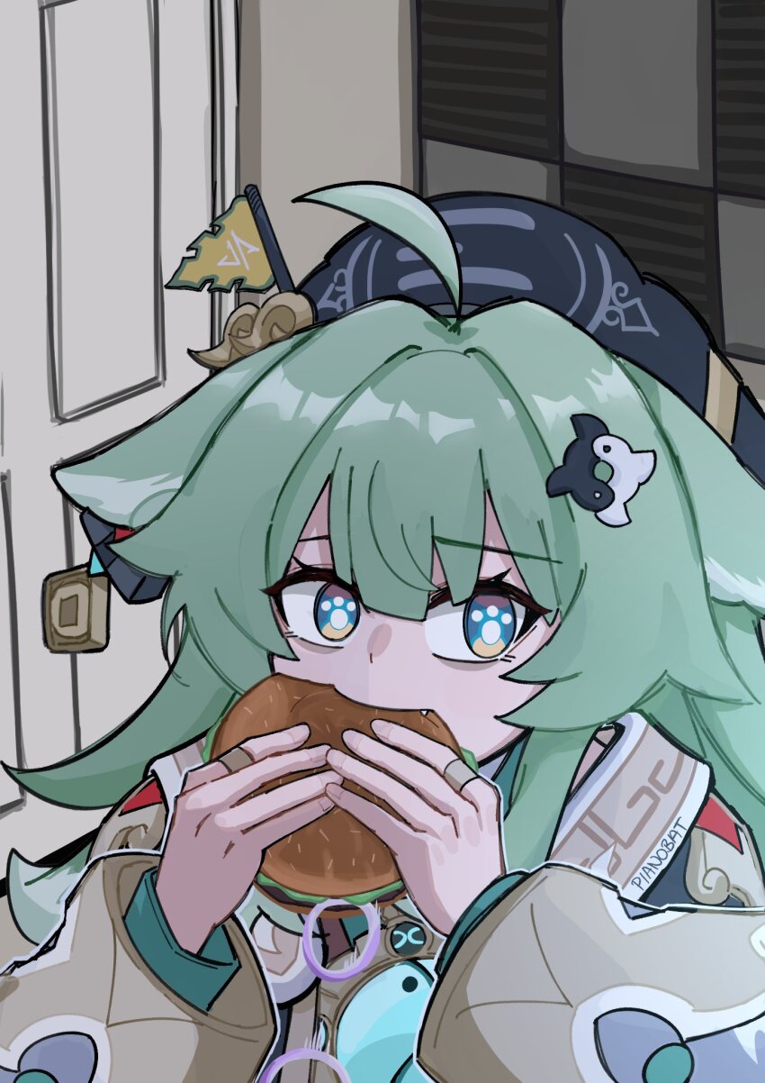 1girl acoustic_foam ahoge animal_ear_piercing animal_ears artist_name black_hat blue_eyes brown_jacket burger burger_malfunction door ear_ornament eating fang food food_malfunction fox_ears fox_girl green_hair hair_ornament hat highres holding holding_food honkai:_star_rail honkai_(series) huohuo_(honkai:_star_rail) indoors jacket jerma985 jerma985_eating_a_whopper_(meme) long_hair long_sleeves looking_at_viewer meme paw-shaped_pupils pianobat solo symbol-shaped_pupils upper_body yin_yang_hair_ornament