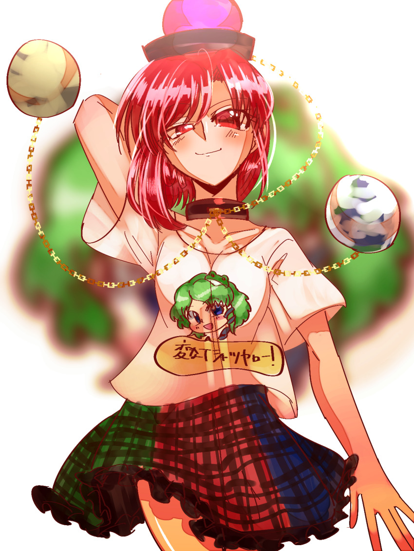 1girl arm_behind_head black_hat blue_skirt character_print closed_mouth commentary_request cowboy_shot earth_(ornament) green_skirt hat hecatia_lapislazuli highres kochiya_sanae looking_at_viewer medium_hair moon_(ornament) multicolored_skirt off-shoulder_shirt off_shoulder plaid_clothes plaid_skirt red_eyes red_hair red_skirt shippuu_jinnari shirt skirt smile solo t-shirt touhou translation_request underworld_(ornament) white_background white_shirt