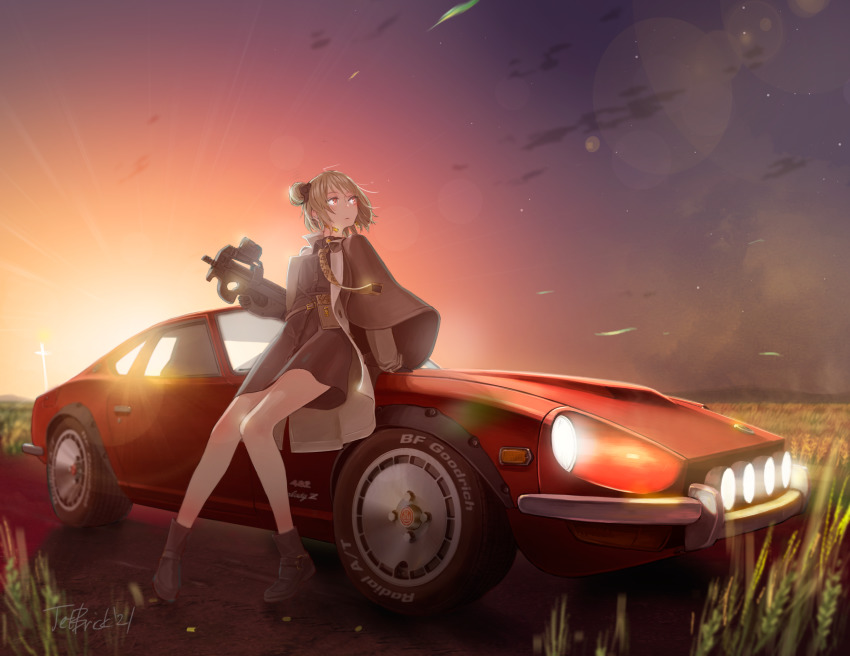 1girl black_boots black_capelet black_skirt boots bullpup capelet car commission girls&#039;_frontline green_hair gun hair_bun highres holding holding_gun holding_weapon horizontal_magazine jettoburikku leaning_back looking_up motor_vehicle nissan nissan_fairlady nissan_fairlady_z official_alternate_costume on_car open_mouth p90 p90_(girls&#039;_frontline) p90_(the_girl_from_b.e.l)_(girls&#039;_frontline) personal_defense_weapon pink_eyes pixiv_commission single_hair_bun sitting skirt solo submachine_gun sunrise vehicle_focus weapon