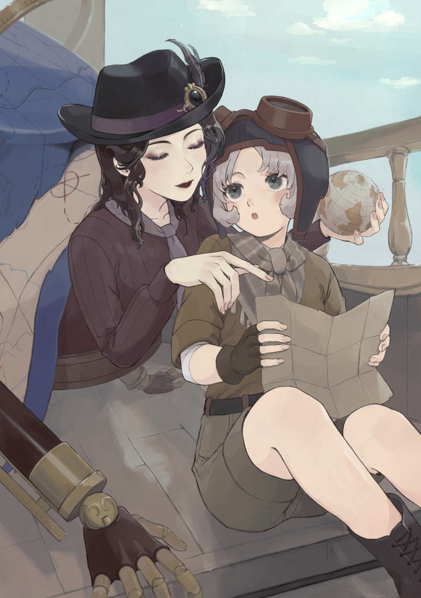 2girls :o absurdres amputee aviator_cap aviator_goggles banister black_eyeshadow black_hair black_hat black_lips blue_eyes blue_sky bob_cut closed_eyes eyeshadow fingerless_gloves globe gloves green_eyes grey_hair hat highres holding identity_v lipstick looking_at_another makeup map mechanical_arms multiple_girls pointing prosthesis prosthetic_arm prosthetic_hand scarf sencharotte short_hair shorts sky tracy_reznik violetta_(identity_v)