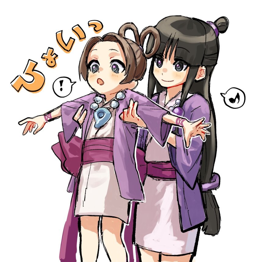 ! 2girls :o ace_attorney armpit_carry black_hair brown_hair child commentary cousins cowboy_shot english_commentary grey_eyes hair_rings half_updo highres japanese_clothes jewelry kimono kmgr_4649 lifting_person long_hair long_sleeves looking_ahead magatama magatama_necklace maya_fey multiple_girls musical_note necklace open_mouth outstretched_arms parted_bangs pearl_fey pink_sash sash short_hair short_kimono sidelocks simple_background smile spoken_exclamation_mark spoken_musical_note spread_arms white_background wristband