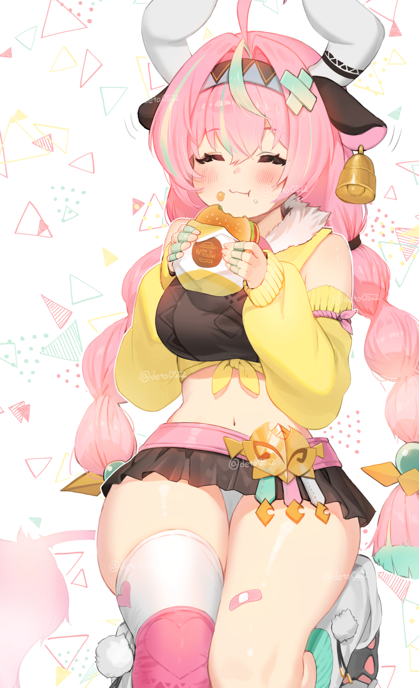 1girl absurdres animal_ears aqua_hair bandaid_on_thigh bell bell_earrings belt black_hairband black_skirt blush bread breasts burger closed_eyes closed_mouth commentary cow_ears cow_girl cow_horns cow_tail cowbell crumbs ear_wiggle earrings eating food fur-trimmed_shirt fur_trim genshin_impact guamon hairband heart heart_print highres holding holding_burger holding_food horns jewelry kneeling large_breasts leg_warmers lettuce long_hair long_sleeves multicolored_hair multicolored_hairband navel panties pink_bandaid pink_belt pink_hair pink_tail pink_thighhighs ring shirt single_earring single_thighhigh skirt sleeve_garter smile solo stomach streaked_hair tail thighhighs thighs triangle_background twitter_username two-tone_hair underwear varesa_(genshin_impact) white_background white_leg_warmers white_panties white_thighhighs yellow_shirt yellow_sleeves