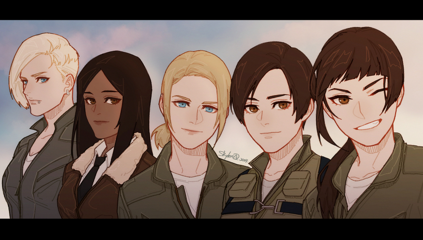 5girls :| ace_combat ace_combat_04 ace_combat_5 ace_combat_7:_skies_unknown artist_name black_hair black_neckwear blonde_hair blue_eyes blunt_bangs bomber_jacket brown_eyes brown_hair brown_jacket brownie_(ace_combat_7) closed_mouth collarbone earrings elke_van_dalsen elke_van_dalsen_(scream) eyebrows female_focus flight_suit fur_collar g-suit grin hair_pulled_back highres huxian jacket jewelry kei_nagase leather leather_jacket letterboxed lineup lip_piercing long_hair looking_at_viewer multiple_girls namco necktie one_eye_closed outdoors parted_bangs partially_unzipped piercing pilot_suit ponytail shirt short_hair sidelocks sky skyleranderton smile strap t-shirt upper_body white_shirt yellow_4