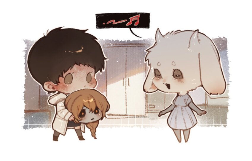 1boy 2girls animal_head braid brown_eyes brown_hair chibi closet commentary dress english_commentary goat_girl grey_dress heroine_(homicipher) holding_detached_head homicipher hooded_child_(homicipher) horizontal_pupils indoors long_hair mr._chopped multiple_girls orange_eyes orange_hair raincoat severed_head short_hair sweeeet_him