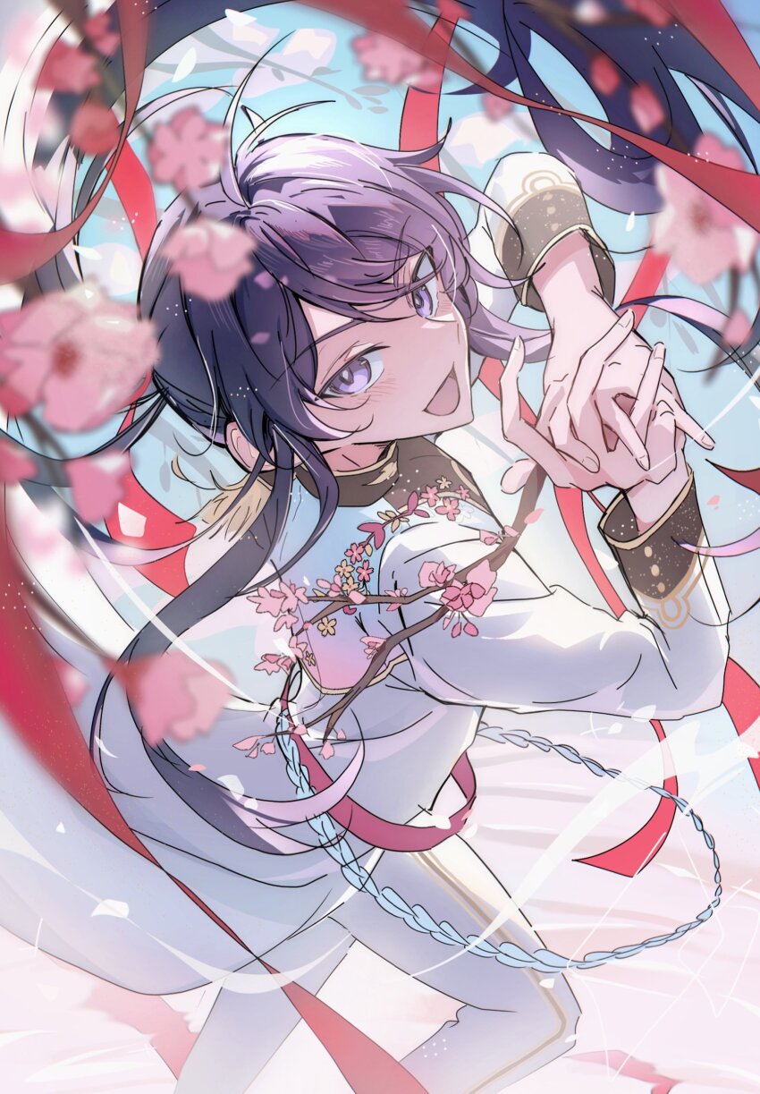 1boy :d absurdres ahoge arm_up belt black_sleeve_cuffs blue_sky blurry blurry_background blurry_foreground blush coat ensemble_stars! epaulettes falling_flower falling_petals floating_hair floral_print_coat flower foreshortening formal_clothes from_above hair_between_eyes hair_ribbon hands_up highres interlocked_fingers jacket kanzaki_souma knee_up light_particles long_hair long_sleeves looking_at_viewer male_focus military_jacket military_uniform official_alternate_costume open_mouth own_hands_together pants petals pink_flower pink_petals plum_blossoms purple_eyes purple_hair red_belt red_ribbon ribbon sidelocks single_epaulette single_hair_intake sky smile solo suit v-shaped_eyebrows very_long_hair white_coat white_pants white_suit whiten_wolf wind wind_lift