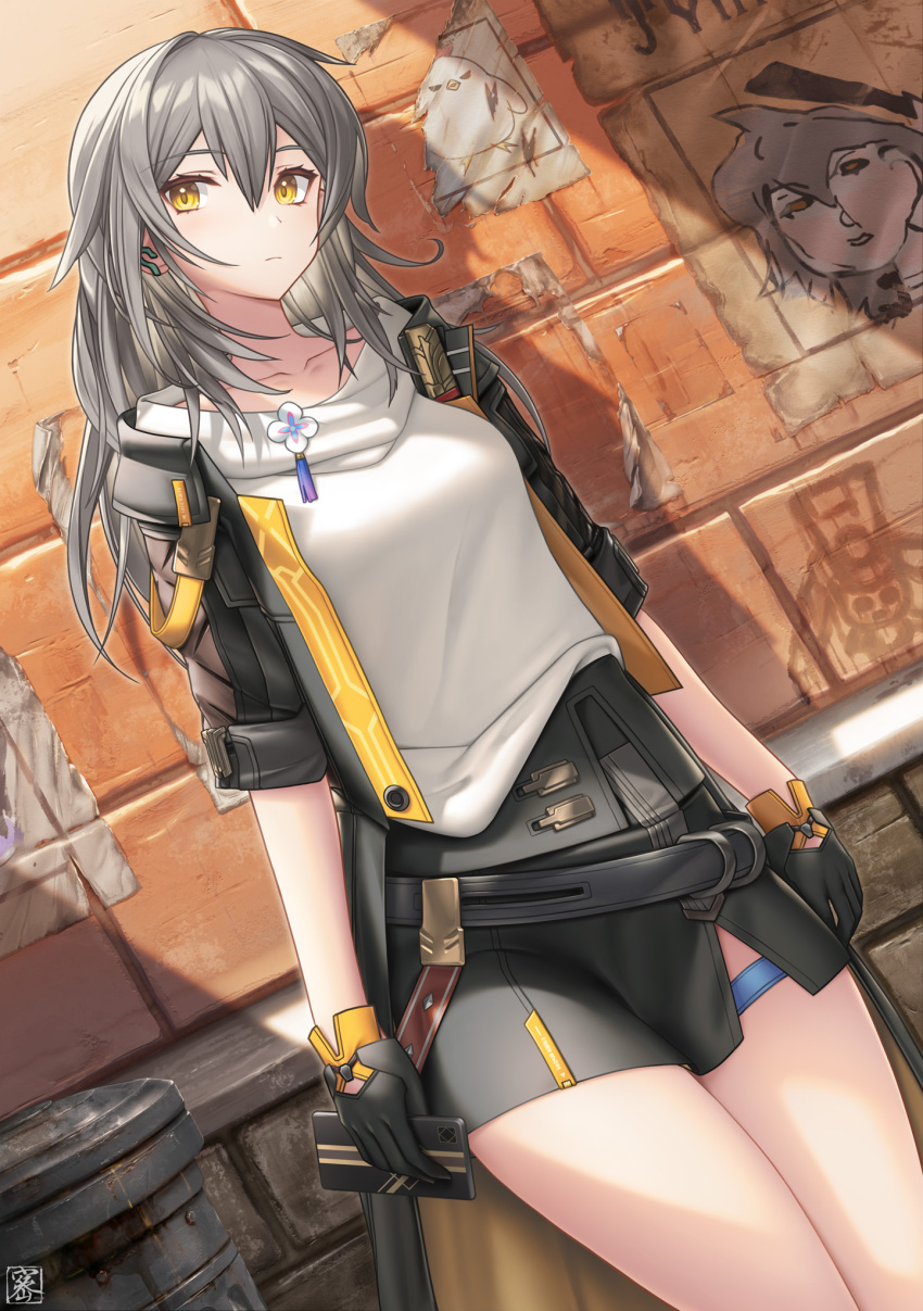 1girl against_wall alley black_gloves black_jacket black_skirt borrowed_accessory breasts cellphone closed_mouth commentary_request cowboy_shot dutch_angle earclip expressionless gloves grey_hair hair_between_eyes hicage_hisoca highres holding holding_phone honkai:_star_rail honkai_(series) jacket long_hair looking_at_viewer medium_breasts open_clothes open_jacket outdoors phone shirt short_sleeves skirt smartphone solo stelle_(honkai:_star_rail) thigh_strap trailblazer_(honkai:_star_rail) trash_can wanted_poster white_shirt yellow_eyes