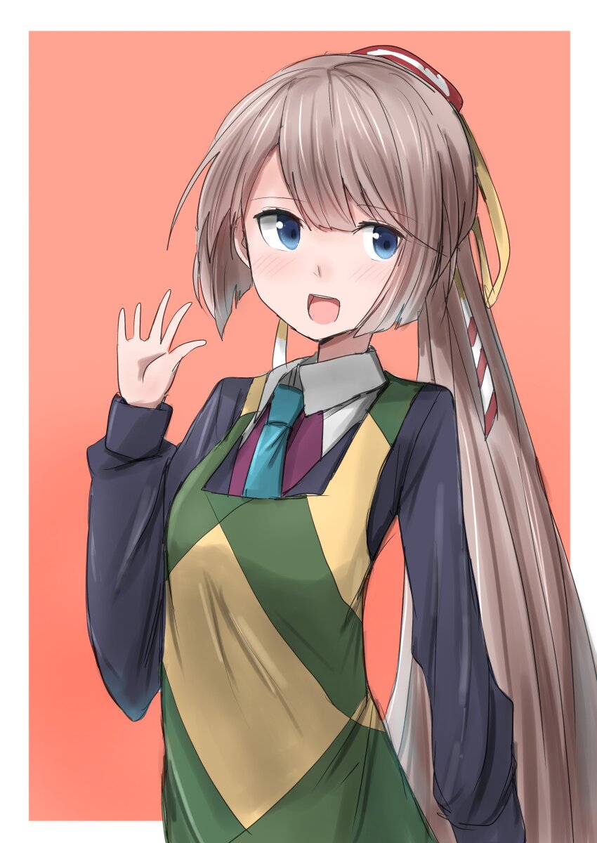 1girl absurdres aqua_necktie black_jacket blue_eyes brown_hair collared_shirt cowboy_shot dress dress_shirt hair_ribbon halter_dress halterneck highres jacket kamaboko_senshi kantai_collection kazagumo_(kancolle) long_hair multicolored_apron necktie ponytail purple_dress ribbon school_uniform shirt smile solo waving white_shirt