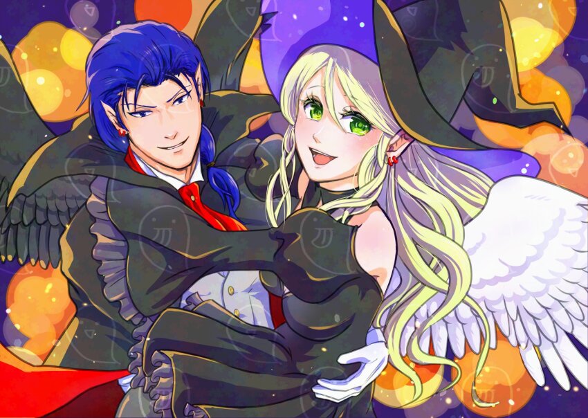 1boy 1girl alternate_costume black_wings blonde_hair blue_eyes blue_hair carrying carrying_person commentary_request earrings fire_emblem fire_emblem:_radiant_dawn green_eyes halloween_costume hat highres jewelry laguz_(fire_emblem) leanne_(fire_emblem) long_hair looking_at_viewer low-tied_long_hair naesala_(fire_emblem) nintendo pointy_ears princess_carry smile vulpes_pitti white_wings wings witch_hat