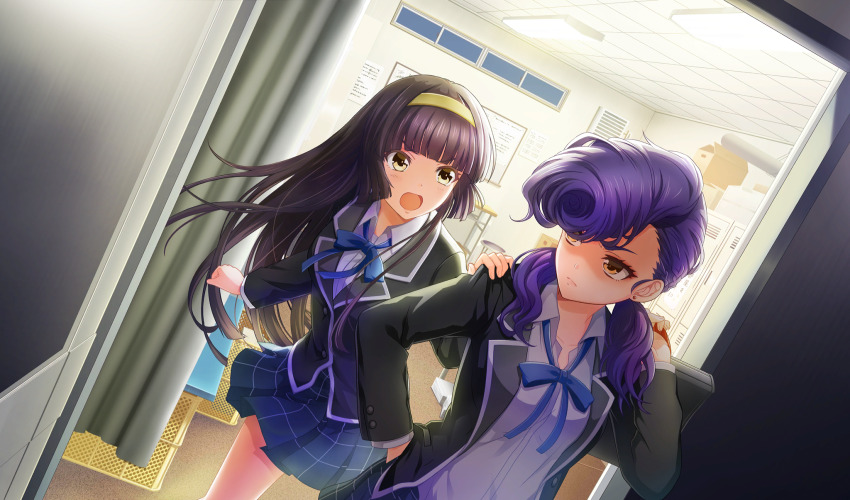 2girls bag black_bag black_hair black_jacket blue_ribbon blunt_bangs box cardboard_box ceiling cinderella_series closed_mouth collared_shirt curtains dutch_angle ear_piercing eye_contact game_cg grey_skirt hachigatsu_no_cinderella_nine hairband hand_in_pocket hand_on_another&#039;s_shoulder highres holding holding_bag indoors izumida_kyouka jacket locker long_hair long_sleeves looking_at_another low_twintails multiple_girls neck_ribbon non-web_source official_art open_mouth orange_eyes piercing plaid_clothes plaid_skirt pleated_skirt pompadour purple_hair ribbon satogahama_school_uniform school_uniform shaded_face shirt skirt standing tile_ceiling tiles tsukishima_yui_(hachigatsu_no_cinderella_nine) twintails v-shaped_eyebrows white_shirt winter_uniform yellow_eyes yellow_hairband