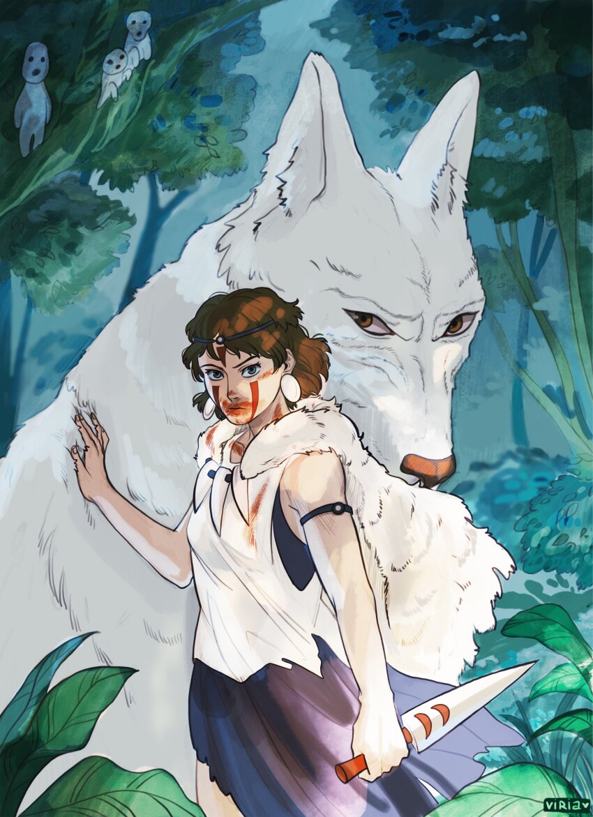 1girl absurdres armlet artist_name blood blood_on_face blue_dress brown_hair cape commentary cowboy_shot dress earrings english_commentary facepaint forest fur_cape hand_on_animal headband highres holding holding_knife jewelry knife kodama leaf looking_at_viewer mononoke_hime moro_no_ichizoku nature san_(mononoke_hime) short_hair sleeveless studio_ghibli tank_top viria13 white_cape white_tank_top white_wolf wolf