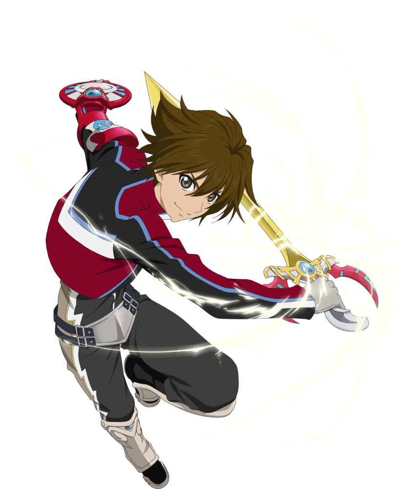 1boy armor boots brown_hair commentary english_commentary full_body greaves hair_between_eyes highres holding holding_sword holding_weapon jacket knee_boots kor_meteor male_focus official_art pants shield smile sword tales_of_(series) tales_of_asteria tales_of_hearts transparent_background weapon