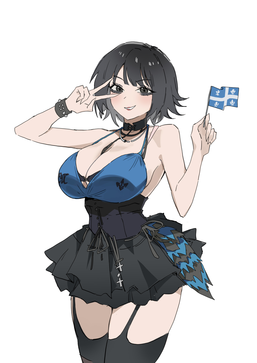 1girl absurdres black_eyeliner black_hair black_lips black_skirt bra breasts choker cleavage corset eyeliner garter_straps highres makeup miniskirt original quebecois_flag short_hair shouz simple_background skirt smile solo thighhighs underwear v white_background