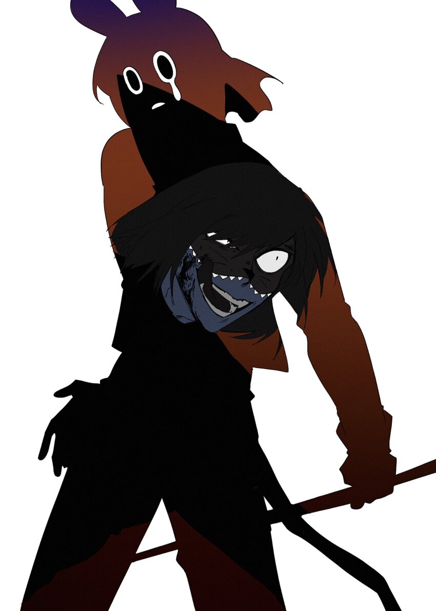 1boy animal_hat blood blood_on_face cat_hat coco_199788 cowboy_shot double_exposure fake_tail fangs hat highres holding holding_weapon jacket licking_lips looking_at_viewer looking_back male_focus mask mouse_hat mouse_tail nyen_(randal&#039;s_friends) present_day_problem_takeuchi_robert randal&#039;s_friends short_hair simple_background solo standing tail teardrop tongue tongue_out weapon white_background