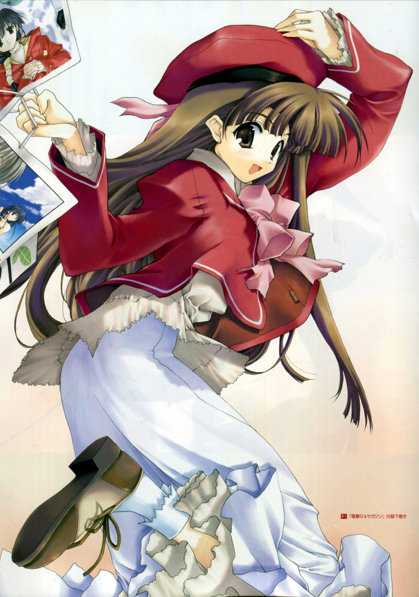 00s 1girl absurdres bag brown_eyes brown_hair comic_party dress female_focus hasebe_aya hat highres long_hair long_skirt long_sleeves looking_at_viewer looking_back mikage_subaru nakamura_takeshi non-web_source open_mouth ribbon shoes shopping_bag simple_background skirt smile socks solo very_long_hair