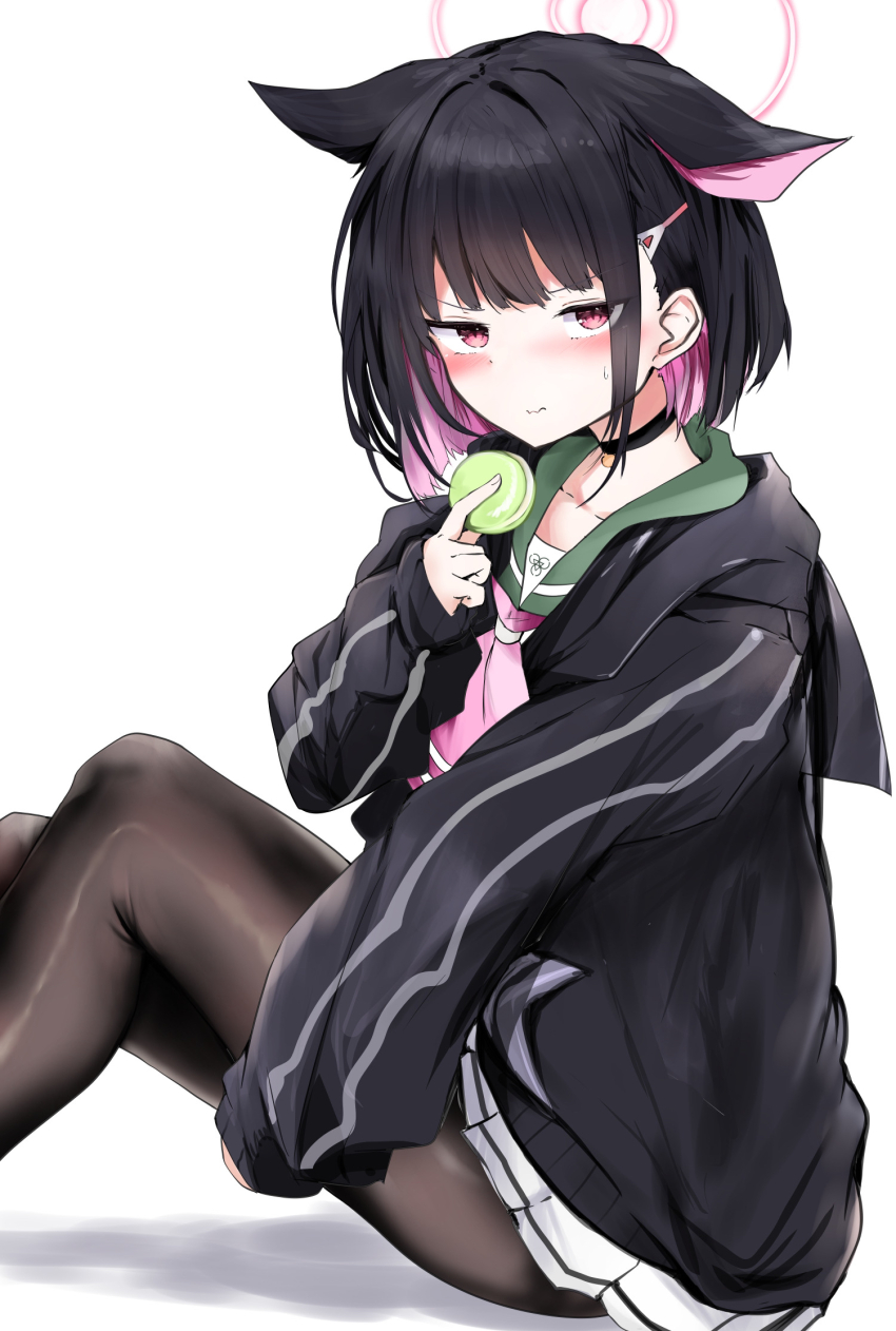 1girl animal_ears black_choker black_hoodie blue_archive blunt_bangs blunt_ends blush bob_cut cat_choker cat_ears cat_girl choker closed_mouth commentary_request extra_ears eyes_visible_through_hair feet_out_of_frame food from_side frown green_sailor_collar hair_behind_ear hair_ornament hairclip halo highres holding holding_food hood hood_down hoodie kazusa_(blue_archive) knees_up kuromiko_shoujo looking_at_viewer macaron miniskirt neckerchief pink_halo pink_neckerchief pleated_skirt red_eyes sailor_collar school_uniform serafuku simple_background sitting skirt sleeves_past_wrists solo sweatdrop tsurime v-shaped_eyebrows wavy_mouth white_background white_skirt