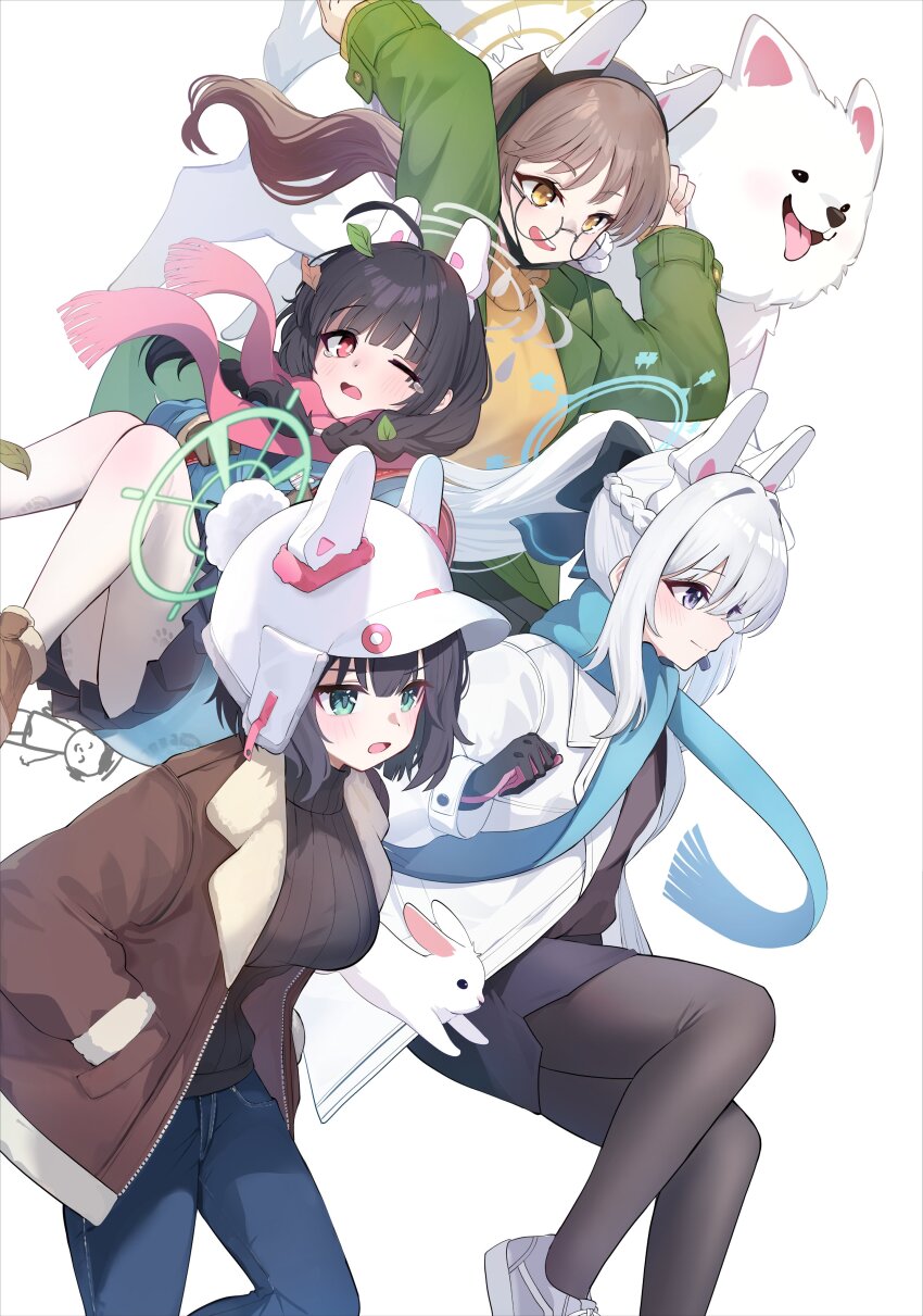 4girls absurdres ahoge animal_ears black_bow black_hair black_pantyhose black_sweater blue_archive blue_pants blue_skirt blush bow braid brown_eyes brown_hair brown_jacket denim dog doodle_sensei_(blue_archive) fake_animal_ears floating_hair fur-trimmed_jacket fur_trim green_eyes green_jacket grey_hair hair_bow halo hands_in_pockets hat highres inapple jacket jeans knees_up leaf leaf_on_head long_hair miyako_(blue_archive) miyu_(blue_archive) moe_(blue_archive) multiple_girls pants pantyhose paw_print pencil_skirt ponytail purple_eyes rabbit_ears rabbit_platoon_(blue_archive) red_eyes round_eyewear round_teeth saki_(blue_archive) scar sensei_(blue_archive) shoe_print shoes short_hair sidelocks skirt sneakers sweater tearing_up teeth twin_braids two-tone_gloves white_background white_hat white_pantyhose wings yellow_sweater