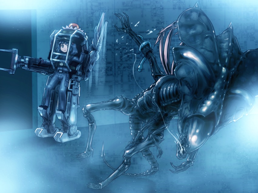 1girl alien alien_(series) alien_queen aliens_(1986) blue_hair commentary_request cosplay crossover drooling ellen_ripley ellen_ripley_(cosplay) exoskeleton full_body gloves hair_bobbles hair_ornament hat houjuu_nue houjuu_nue_(cosplay) indoors kawashiro_nitori mecha pants parody power_loader robot science_fiction shirosato short_hair slime_(substance) snake spacecraft_interior spoilers touhou two_side_up wings
