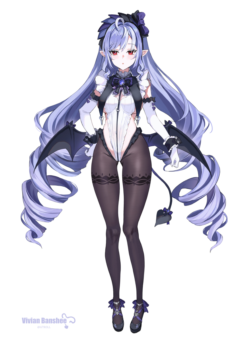 absurdres aer7o ahoge black_pantyhose black_shoes bow breasts crotchless crotchless_pantyhose demon_tail demon_wings drill_hair full_body gloves highres leotard long_hair medium_breasts multicolored_hair pantyhose pointy_ears purple_hair red_eyes shoes simple_background streaked_hair tail tail_bow tail_ornament twin_drills very_long_hair vivian_banshee white_background white_gloves white_leotard wings zenless_zone_zero