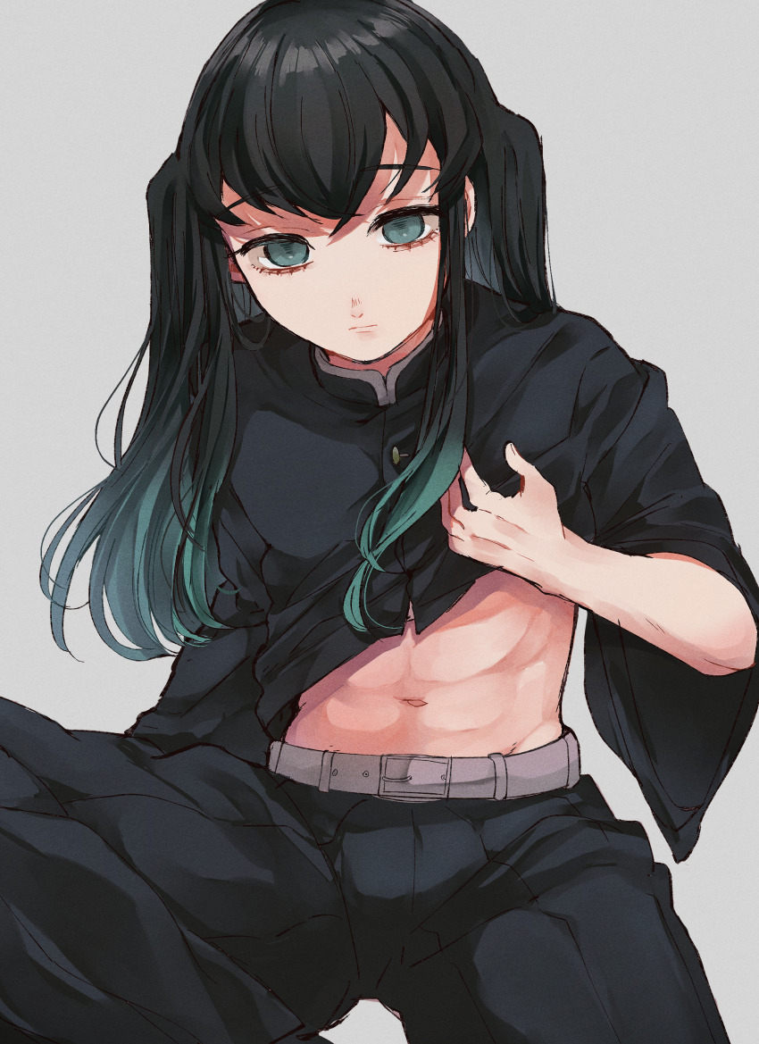 1boy abs absurdres aqua_eyes aqua_hair belt black_hair black_jacket buttons closed_mouth clothes_lift gold_buttons gradient_hair grey_background grey_belt hair_between_eyes high_collar highres jacket jacket_lift kenpin kimetsu_no_yaiba long_hair looking_at_viewer male_focus multicolored_hair navel revision simple_background sitting solo tokitou_muichirou toned toned_male two-tone_hair white_background