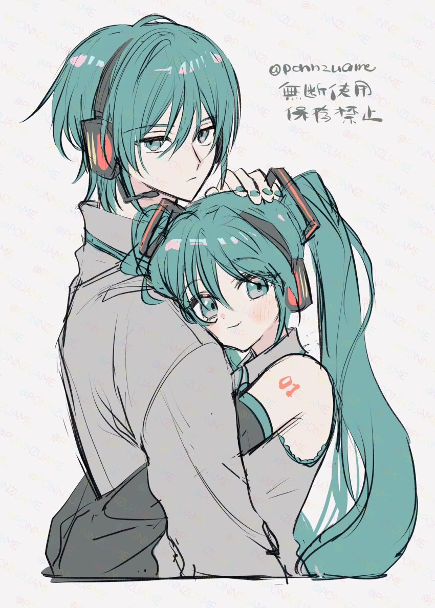 1boy 1girl amezawa_koma arm_at_side arm_tattoo arms_around_waist artist_name black_sleeves closed_mouth collared_shirt commentary_request couple cropped_torso detached_sleeves dress_shirt dual_persona expressionless fingernails from_side genderswap genderswap_(ftm) green_eyes green_hair hair_between_eyes hand_on_another&#039;s_head hatsune_miku hatsune_mikuo headpat headphones headset height_difference hetero highres hug light_blush long_hair long_sleeves looking_at_viewer looking_back nail_polish number_tattoo red_tattoo selfcest shirt short_hair simple_background sleeveless sleeveless_shirt smile tattoo too_many_watermarks turning_head twintails twitter_username vocaloid watermark white_background wing_collar