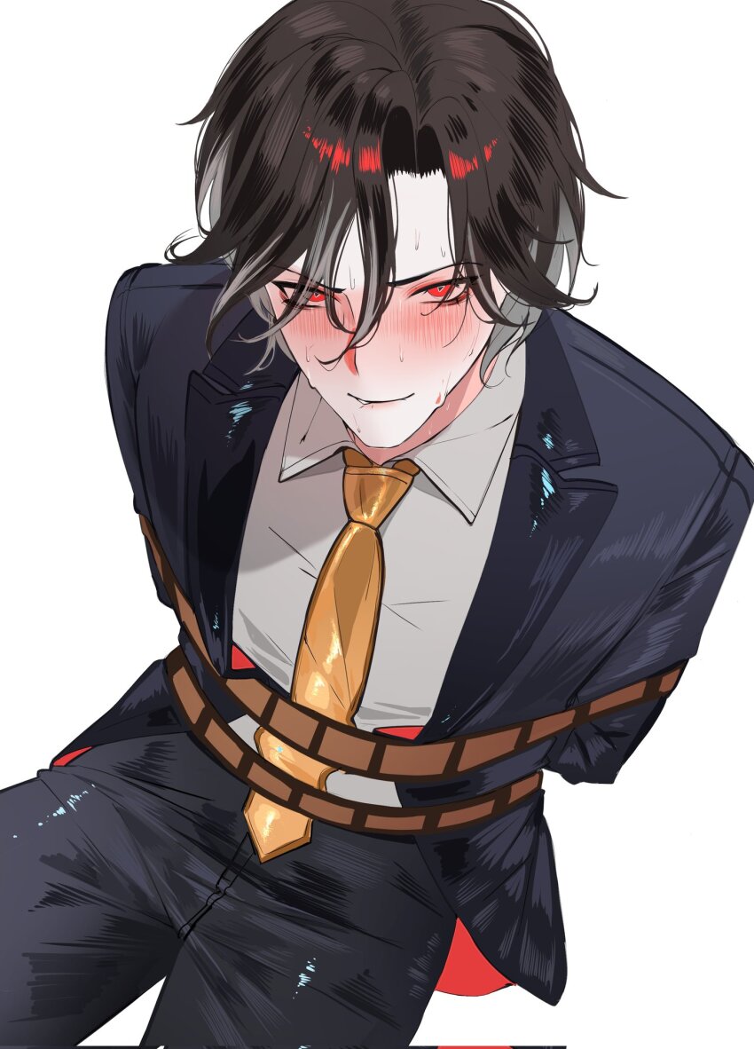 1boy biting_own_lip black_jacket black_pants black_suit blush brown_hair commentary cowboy_shot english_commentary formal_clothes grey_shirt hair_between_eyes highres honkai:_star_rail honkai_(series) jacket looking_at_viewer male_focus mr._reca_(honkai:_star_rail) necktie open_clothes open_jacket pants red_eyes restrained sanya_(sanya_lox228) shirt short_hair simple_background smile solo suit sweat symbol-shaped_pupils triangle-shaped_pupils white_background yellow_necktie