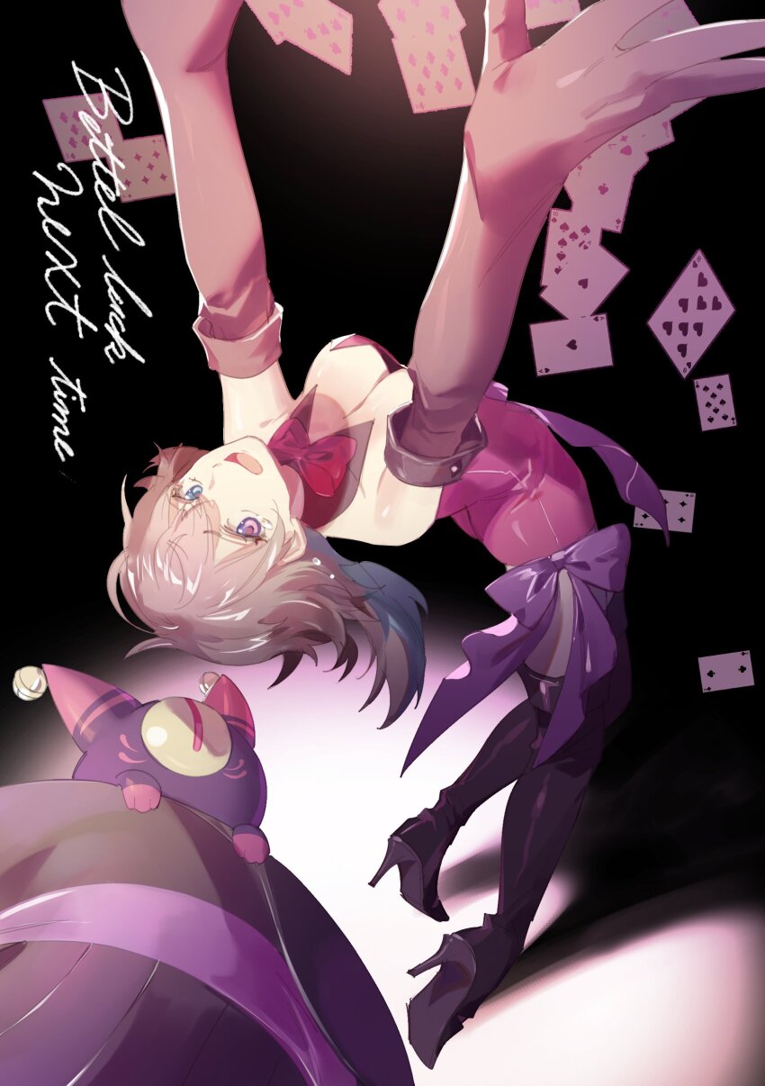 1girl absurdres bare_shoulders black_background blue_eyes blue_hair boots bow bowtie breasts card cleavage commentary creature crying crying_with_eyes_open elbow_gloves english_text full_body gavis_bettel genderswap genderswap_(mtf) gloves grey_hair hat heterochromia high_heel_boots high_heels highres holostars holostars_english leotard long_hair looking_at_viewer lynnear medium_breasts multicolored_hair open_mouth phantom_(gavis_bettel) pink_eyes pink_hair pink_leotard playing_card purple_ribbon red_bow red_bowtie ribbon shadow solo_focus spotlight symbol-only_commentary tears thigh_boots top_hat unworn_hat unworn_headwear virtual_youtuber