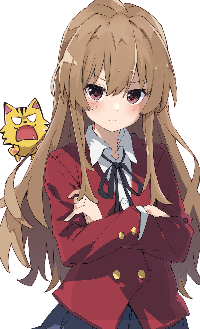 1girl absurdres aisaka_taiga black_ribbon blue_skirt blush brown_hair buttoned_cuffs buttons closed_mouth cowboy_shot crossed_arms crossed_bangs double-breasted eyelashes highres jacket long_hair long_sleeves looking_at_viewer neck_ribbon oohashi_high_school_uniform palmtop_tiger rauto red_eyes red_jacket ribbon school_uniform shadow simple_background skirt solo tiger toradora! white_background