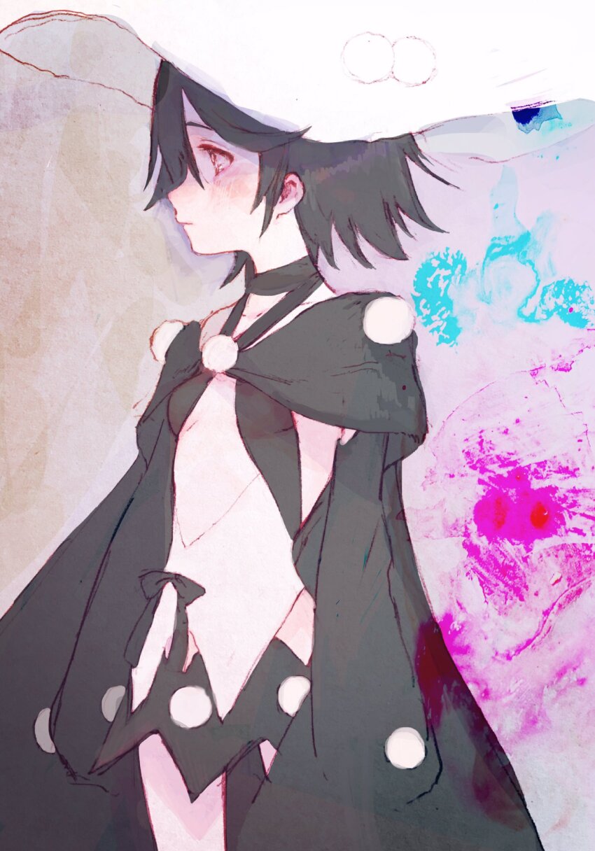 1girl black_cape black_hair breasts cape cleavage_cutout closed_mouth clothing_cutout cowboy_shot dress hat highres kazumi_(madoka_magica) long_sleeves looking_ahead magical_girl mahou_shoujo_kazumi_magica mahou_shoujo_madoka_magica profile red_eyes short_hair small_breasts solo standing two-tone_dress yorunogumo