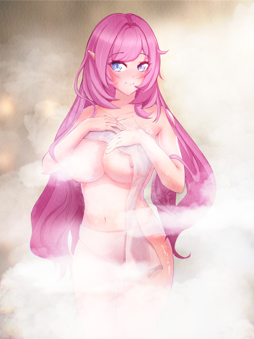 1girl absurdres after_bathing bathroom blue_eyes blush breasts closed_mouth commentary elf elysia_(honkai_impact) english_commentary highres holding holding_towel honkai_(series) honkai_impact_3rd large_breasts long_hair navel nipples panties pink_hair pointy_ears qleo solo steam stomach towel underwear very_long_hair white_panties