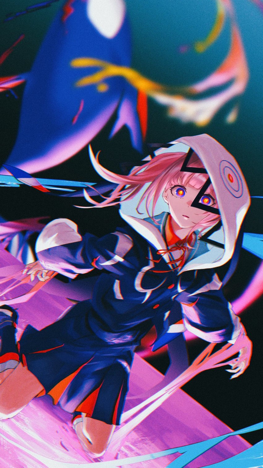1girl animal blue_hoodie dark_background feet_out_of_frame film_grain fish floating floating_hair flying_fish gin_(tttetu123) highres hood hoodie kaf_(kamitsubaki_studio) kamitsubaki_studio looking_at_viewer multicolored_hair open_mouth pink_hair short_hair surprised virtual_youtuber