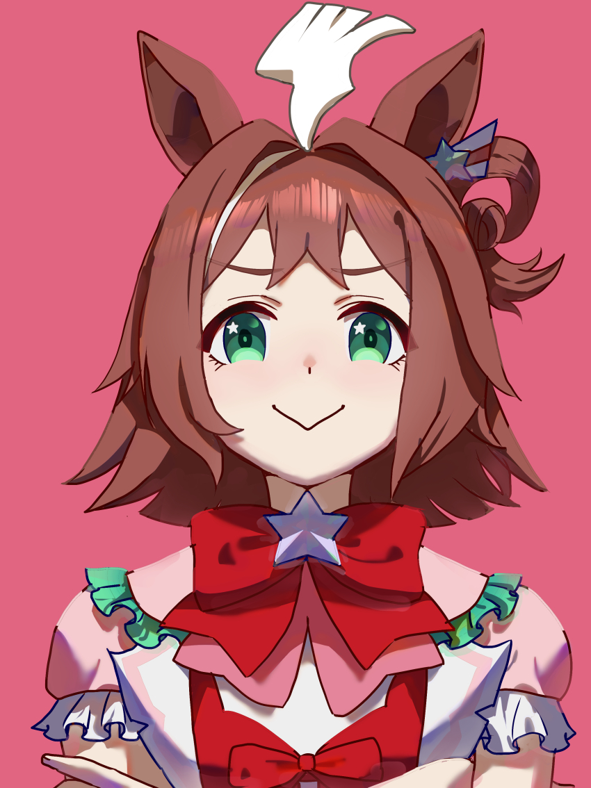 1girl :&gt; absurdres ahoge animal_ears blush breasts brown_hair closed_mouth commentary_request crossed_arms green_background hair_between_eyes hair_bun hair_rings highres horse_ears horse_girl looking_at_viewer medium_breasts no_uwazumi pink_background pink_shirt rhein_kraft_(umamusume) shirt simple_background smile solo umamusume upper_body