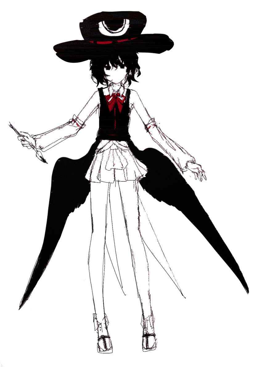 1other androgynous bare_legs bare_shoulders bird_wings calligraphy_brush chinese_commentary coat coattails collared_shirt collared_socks commentary_request detached_sleeves enraku_tsubakura euthan expressionless eye_of_senri full_body greyscale hair_between_eyes hakama hakama_short_skirt hakama_skirt hat highres holding holding_calligraphy_brush holding_paintbrush japanese_clothes len&#039;en long_sleeves messy_hair monochrome neck_ribbon no_mouth other_focus paintbrush puffy_long_sleeves puffy_sleeves red_ribbon ribbon ribbon-trimmed_coat ribbon-trimmed_headwear ribbon-trimmed_sleeves ribbon_trim sandals shirt short_hair simple_background skirt sleeveless sleeveless_coat sleeveless_shirt solo standing tabi top_hat white_background wings zouri