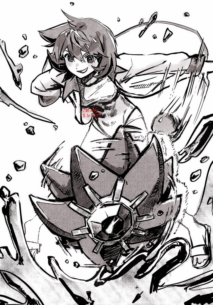 1girl 2erums breasts eyelashes gen_1_pokemon hair_between_eyes highres jacket long_sleeves looking_down misty_(pokemon) nintendo one-piece_swimsuit open_clothes open_jacket open_mouth pants poke_ball pokemon pokemon_gsc pokemon_hgss riding riding_pokemon rock sandals shirt short_hair smile starmie swimsuit water