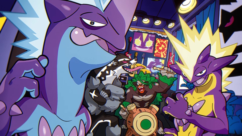 absurdres closed_eyes crossed_arms drumsticks fangs gen_8_pokemon guitar highres instrument looking_at_viewer music nintendo no_humans obstagoon official_art playing_instrument pokemon pokemon_(creature) poster_(object) rillaboom room sharp_teeth smile standing teeth toxtricity toxtricity_(amped) toxtricity_(low_key) triangular_eyewear