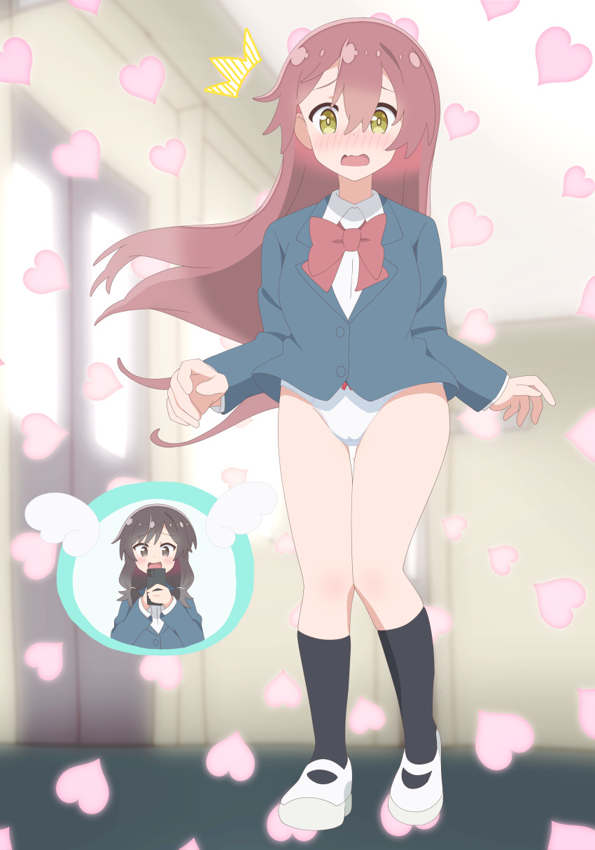 2girls absurdres angel_wings anime_coloring black_eyes black_hair black_socks blazer blush bow bow_panties bowtie brown_hair clothes_lift commentary_request embarrassed full_body hallway heart highres holding holding_phone hoshino_miyako_(wataten) jacket long_hair matsumoto_kouko multiple_girls no_pants panties phone red_bow red_bowtie school shirt shoes socks solo_focus surprised underwear watashi_ni_tenshi_ga_maiorita! white_panties white_shirt white_shoes wind wind_lift wings yellow_eyes zu_(rcfw7727)