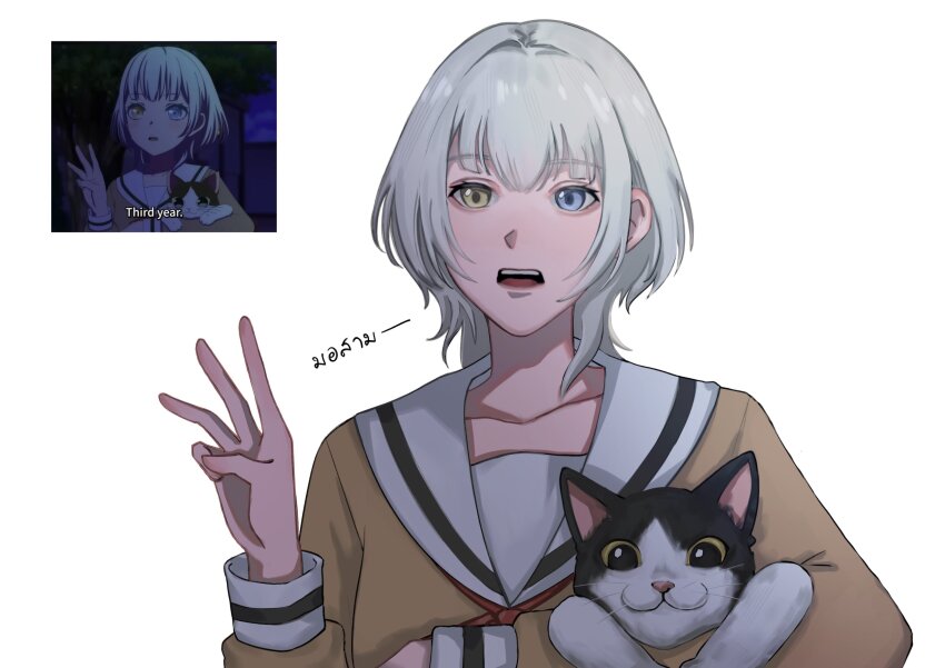 1girl absurdres animal anime_screenshot_inset bang_dream! bang_dream!_it&#039;s_mygo!!!!! blue_eyes brown_shirt cat reference_sheet commentary_request hanasakigawa_school_uniform hand_up heterochromia highres holding holding_animal holding_cat kaname_raana long_sleeves open_mouth sailor_collar school_uniform serafuku shirt simple_background solo teeth thai_commentary thai_text translation_request upper_body upper_teeth_only w_(juusepx) white_background white_sailor_collar wolf_cut yellow_eyes