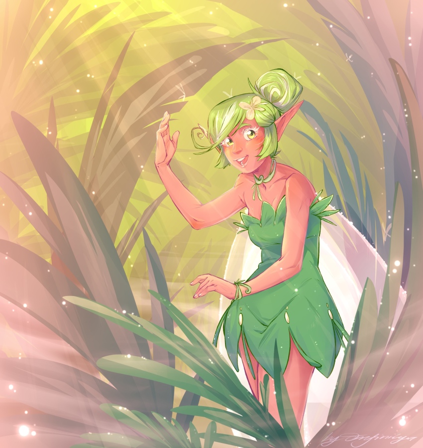 1girl :d artist_name bare_shoulders cookie_run dark-skinned_female dark_skin day dress fairy_cookie fairy_wings flower green_dress green_hair hair_flower hair_ornament hand_up highres multicolored_hair nikainfinity open_mouth outdoors pointy_ears smile solo standing streaked_hair white_hair wings wristband yellow_eyes
