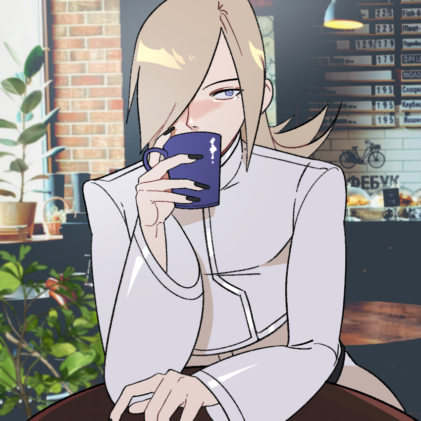 1boy arm_on_table black_nails blonde_hair blue_eyes brick brick_wall cafe ceiling_light commentary covered_mouth covering_own_mouth cup hair_over_one_eye hexermer highres holding holding_cup indoors interior jacket long_hair long_sleeves looking_to_the_side male_focus mug nail_polish one_eye_covered photo_background plant saiki_(kof) sideways_glance sitting table the_king_of_fighters the_king_of_fighters_xiii upper_body white_jacket wide_sleeves